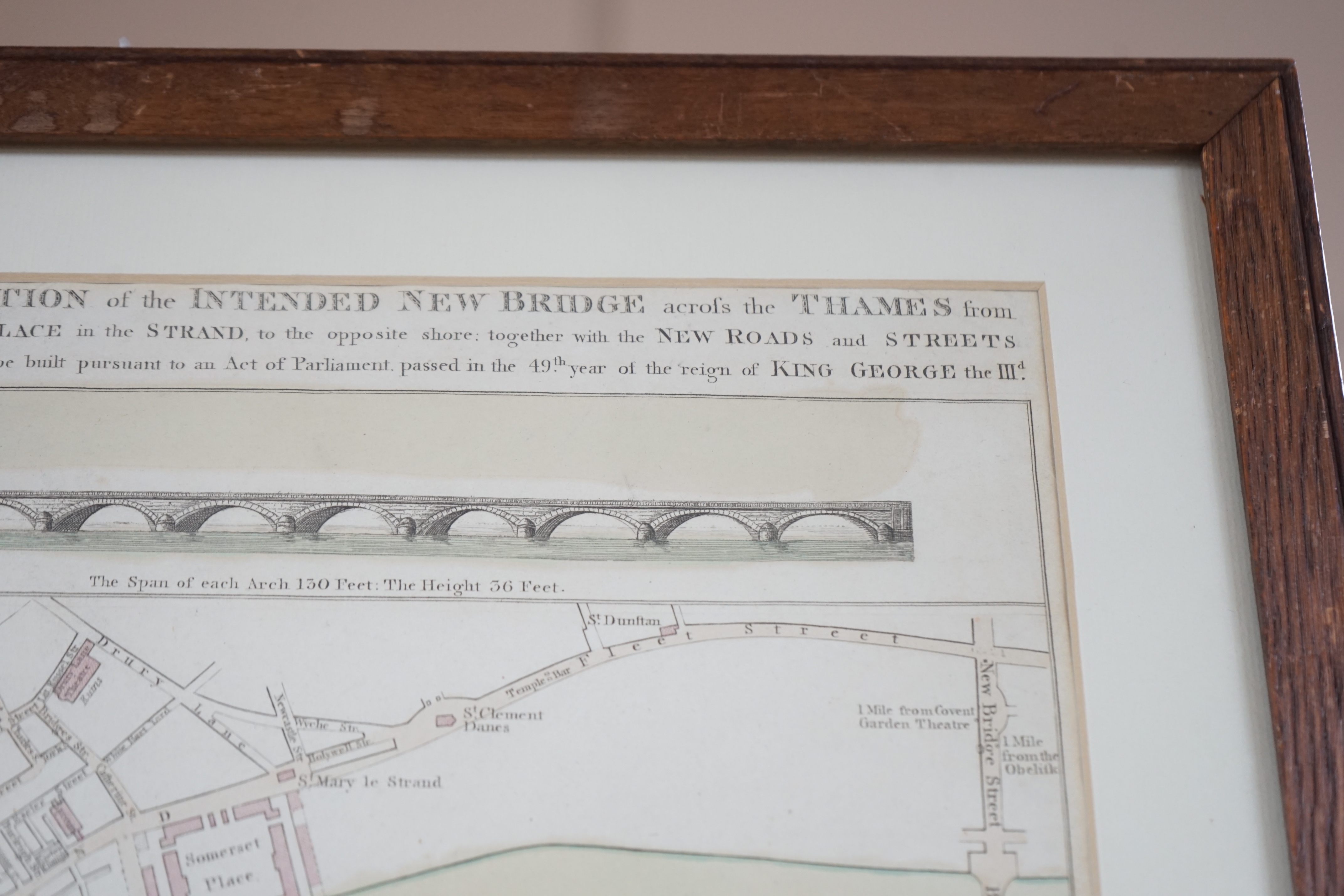A 19th century engraving, Plan and Elevation of the intended new bridge across The Thames, an Act of Parliament passed in the 49th year of King George III, publ. by L. Luffman, 377 Strand, London, 35 x 28cm